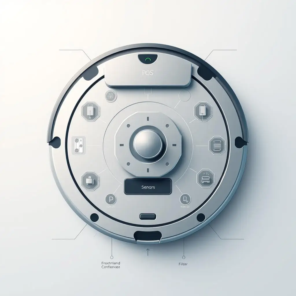 A high-tech, detailed schematic illustration of robot vacuum cleaner specifications, presented in a clean, minimalist style. The central focus is a technical diagram showcasing the key components and features, such as sensors, motors, filters, and charging dock, arranged in a symmetrical, easy-to-understand layout. The background is a soft, neutral gradient that allows the technical details to stand out, while subtle shadows and highlights add depth and dimensionality to the design. The overall mood is one of precision, efficiency, and technological sophistication, reflecting the advanced nature of modern robot vacuums.