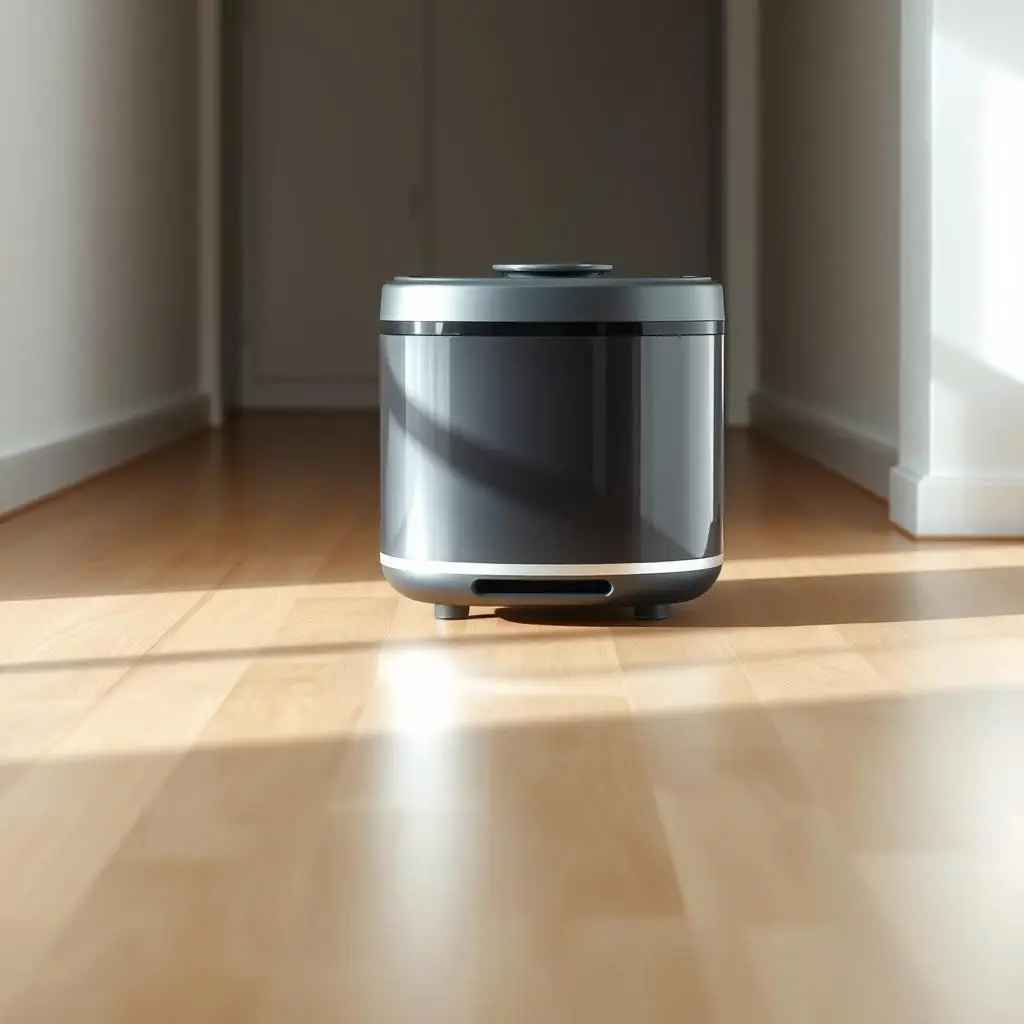 A sleek, modern robot vacuum cleaner standing on a pristine, hardwood floor. Its cylindrical body is composed of glossy, charcoal-grey plastic, with a subtle metallic trim accentuating its smooth, streamlined design. Gentle LED lights illuminate the device's sensors and controls, hinting at the advanced technology within. The robot casts a soft, ambient glow, illuminating the well-lit, minimalist room around it. A sense of efficient, futuristic cleaning permeates the scene, suggesting the robot's effortless navigation and thorough, automated performance.
