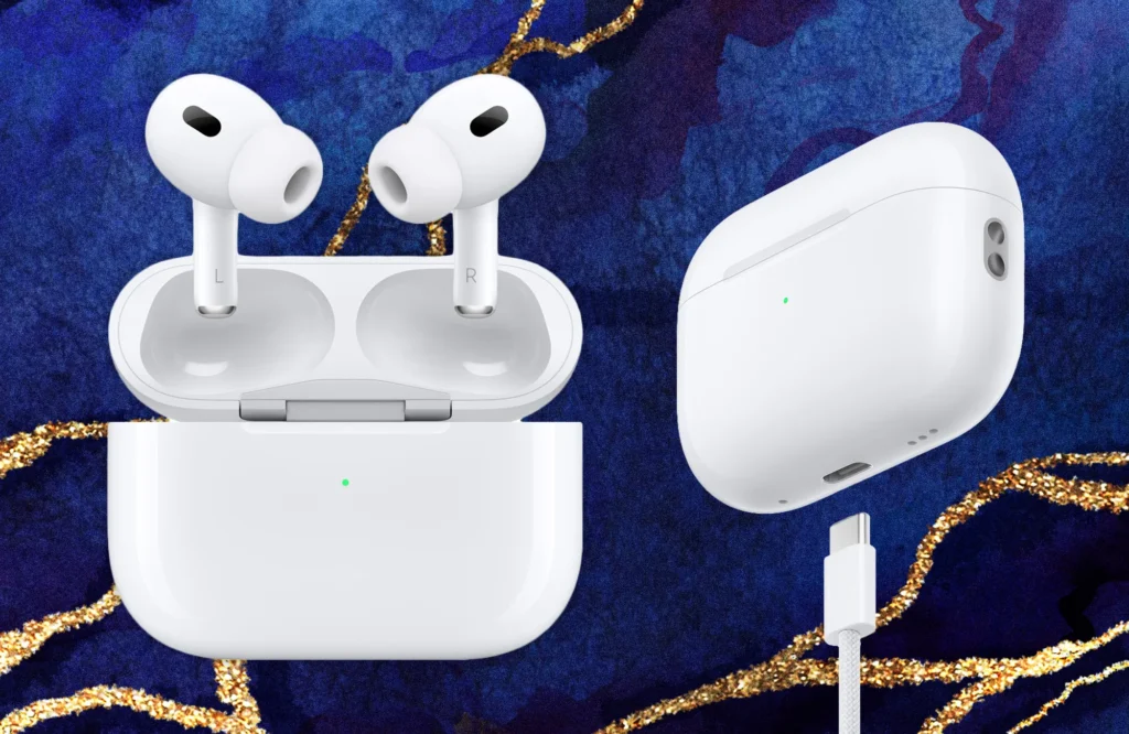 Căștile Apple AirPods Pro (2nd Gen) prezentate cu carcasa de încărcare și evidențiind funcțiile principale Căștile Apple AirPods Pro (2nd Gen) prezentate cu carcasa de încărcare și evidențiind funcțiile principale