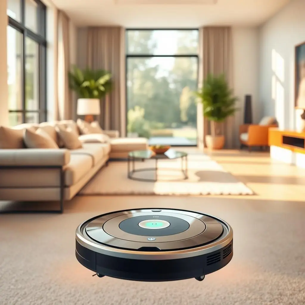 An advanced robot vacuum cleaner hovering gracefully in a bright, modern living room. The device is highlighted in the foreground, its sleek, streamlined design accentuated by warm, diffused lighting. In the middle ground, plush carpeting and minimalist furniture create a serene, welcoming atmosphere. The background features large windows, allowing natural light to flood the space and giving a sense of openness and airiness. The overall mood is one of efficiency, technology, and comfortable living, reflecting the advantages of owning a robot vacuum cleaner.