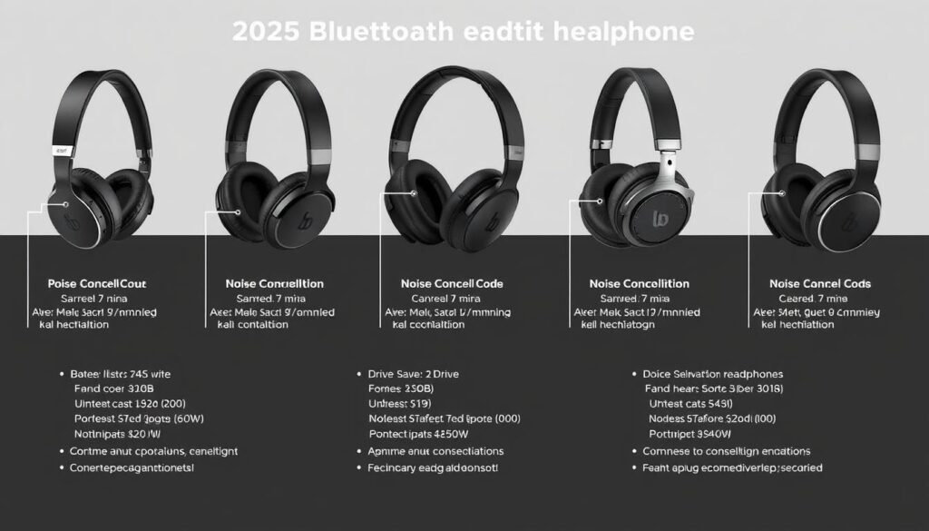 Căști Bluetooth premium din 2025 afișate cu specificațiile lor tehnice evidențiate