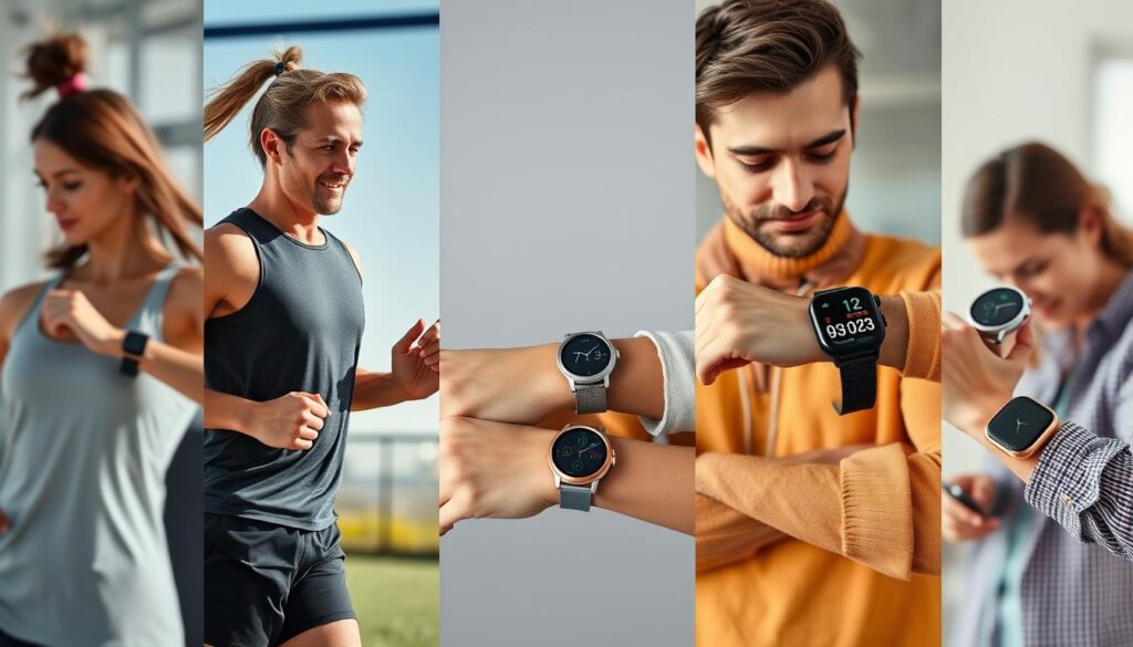 Diverse persoane purtând diferite modele de smartwatch pentru diferite activități și stiluri de viață Diverse persoane purtând diferite modele de smartwatch pentru diferite activități și stiluri de viață