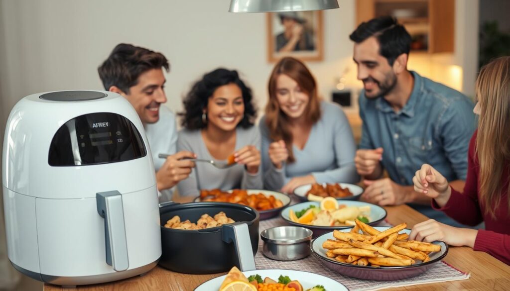 Familie bucurându-se de mâncare preparată în cele mai bune airfryere 2025