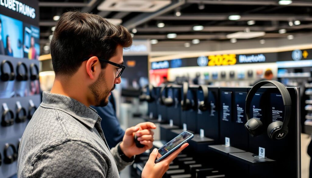 Persoană alegând căști Bluetooth într-un magazin de electronice, comparând diferite modele și specificații