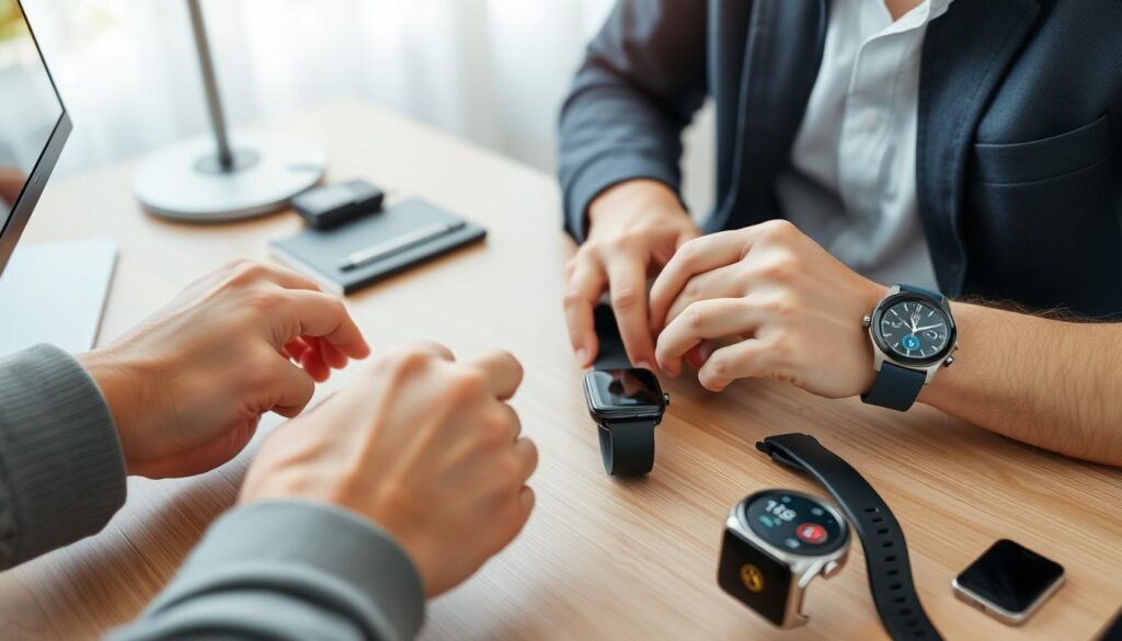 Persoană comparând diferite modele de smartwatch, evidențiind funcțiile și compatibilitatea Persoană comparând diferite modele de smartwatch, evidențiind funcțiile și compatibilitatea