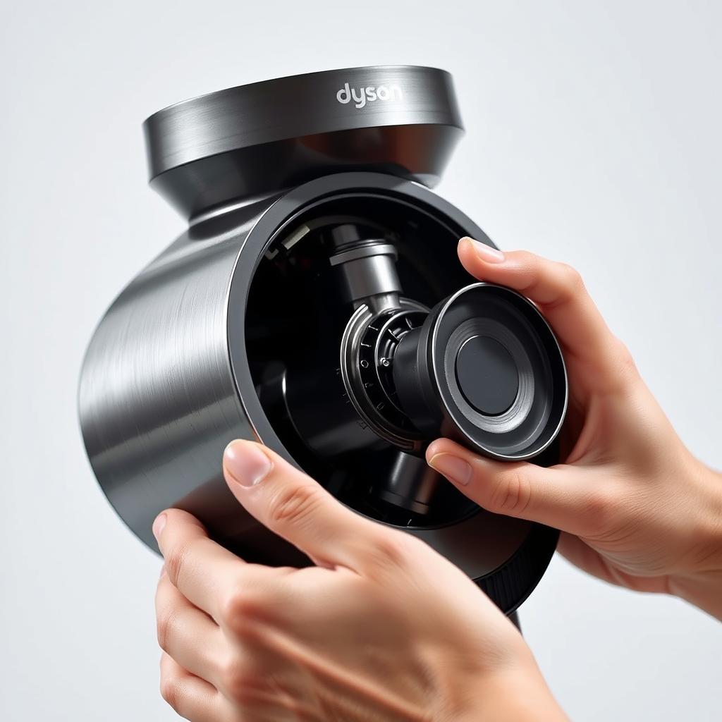 A close-up view of a Dyson Airwrap device being carefully disassembled, showcasing the intricate internal components. The brushed metal and matte black casing are illuminated by soft, diffused lighting, creating a clean, professional atmosphere. The model's hands are delicately handling the different parts, highlighting the precision and attention to detail required for proper maintenance. The image conveys a sense of care and technical expertise, aligning with the subject of maintaining and cleaning the Dyson Airwrap for optimal performance.