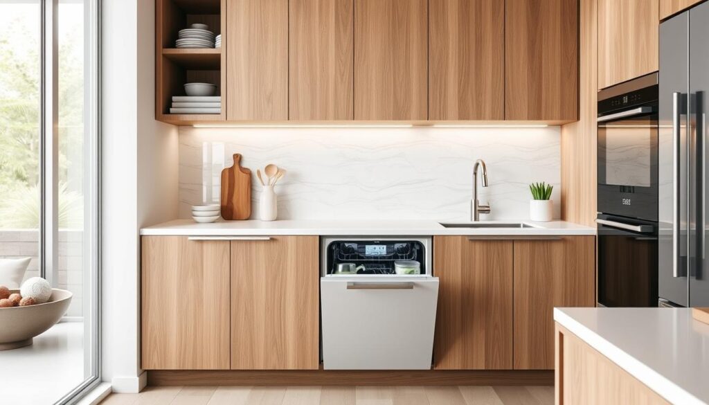 Bucătărie modernă cu mașină de spălat vase incorporabilă integrată perfect în mobilier