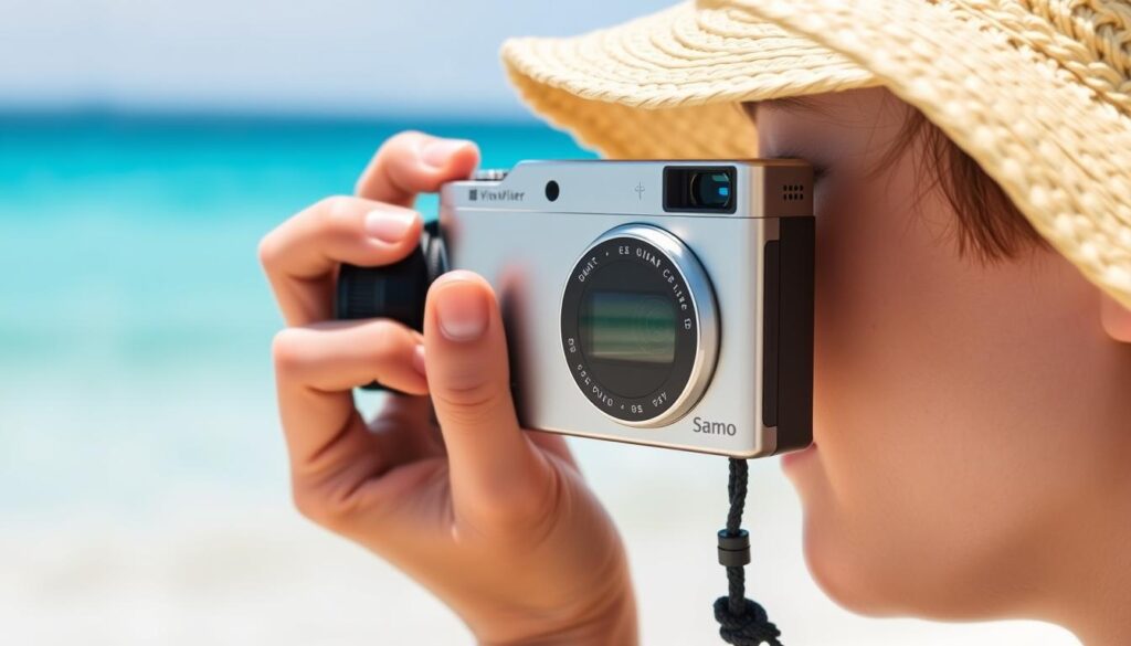 Cameră foto compactă folosită pe plajă în timpul concediului de vară 2025