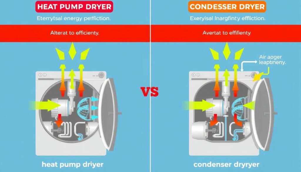 Comparație vizuală între uscătoarele cu pompă de căldură și cele cu condensare, ilustrând diferențele tehnologice și de eficiență Comparație vizuală între uscătoarele cu pompă de căldură și cele cu condensare, ilustrând diferențele tehnologice și de eficiență