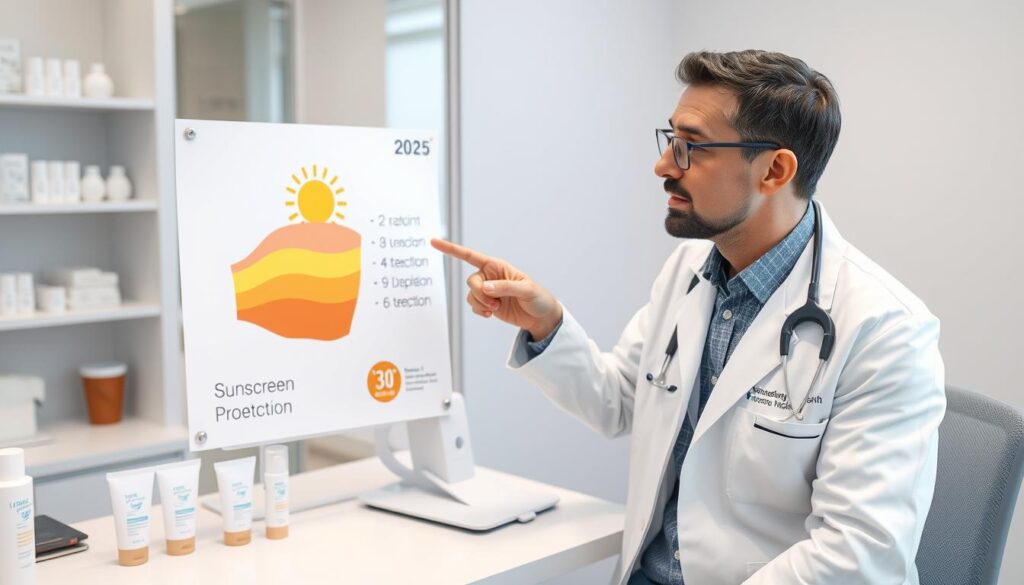 Dermatolog explicând beneficiile cremei de soare 2025