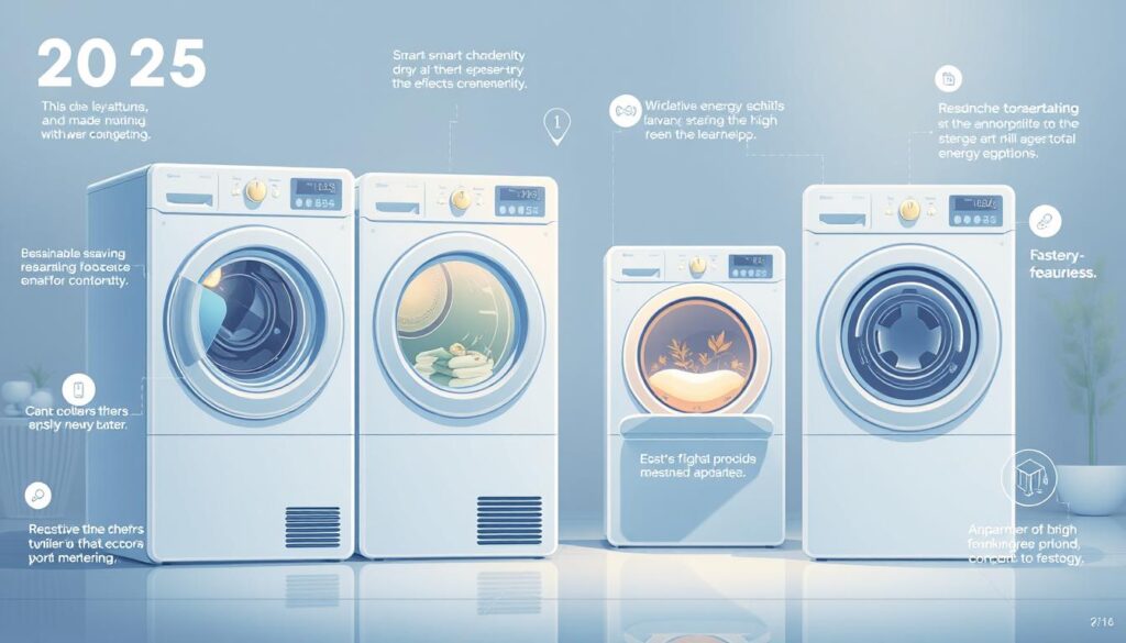 Ilustrație cu tendințele și inovațiile din 2025 în domeniul uscătoarelor de rufe electrice, arătând tehnologii smart și sustenabile Ilustrație cu tendințele și inovațiile din 2025 în domeniul uscătoarelor de rufe electrice, arătând tehnologii smart și sustenabile