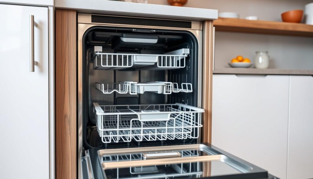 Mașină de spălat vase incorporabilă modernă cu ușa deschisă arătând interiorul organizat