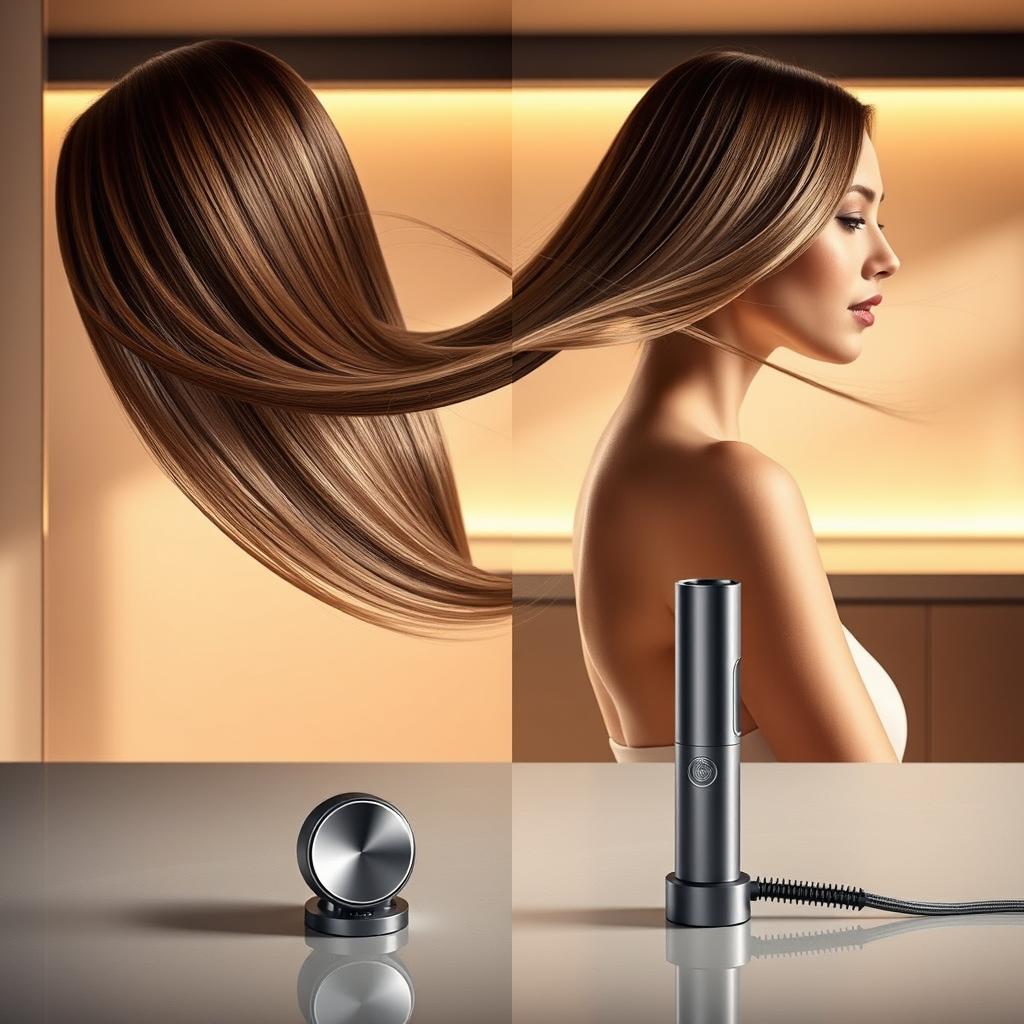 Smooth, effortless transition from Dyson Airwrap i.d. to sleek, modern hairstyles. A dynamic scene showcasing the Airwrap's intelligent, adaptable nature. Gleaming chrome and polished surfaces reflect warm, diffused lighting, casting a sophisticated, high-tech ambiance. Strands of hair gracefully flow, demonstrating the tool's precise control and intuitive handling. The Airwrap's compact, ergonomic design stands prominently, inviting the user to seamlessly integrate it into their styling routine. Neutral tones and clean lines accentuate the device's refined, minimalist aesthetic, highlighting its seamless integration with the modern lifestyle.