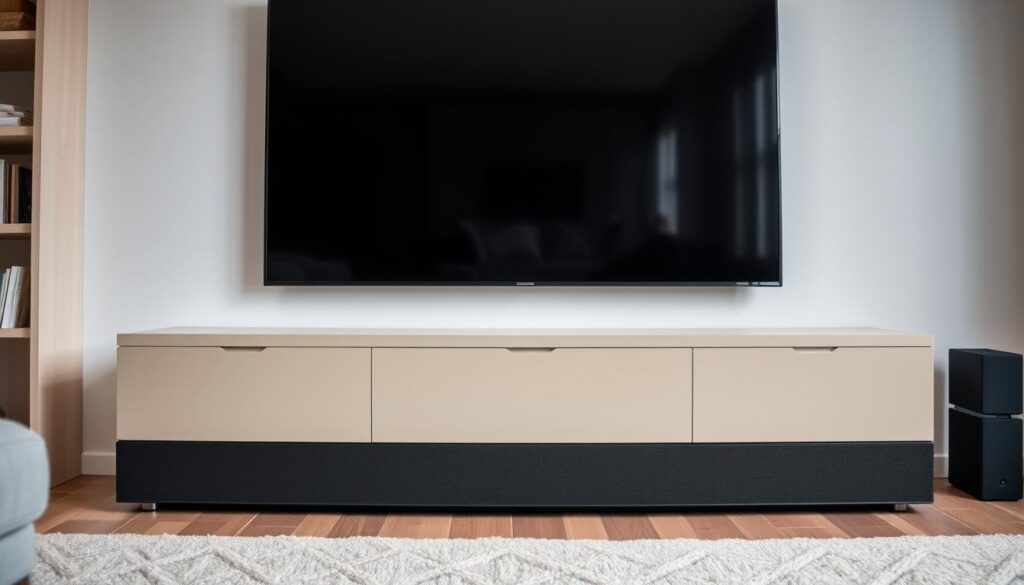 Soundbar modern instalat sub un televizor în sufragerie