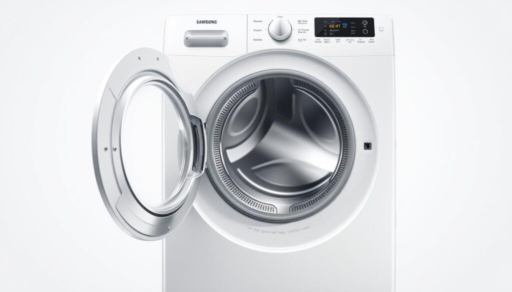 Uscător de rufe Samsung DV90T7240BH/S7 cu ușa deschisă arătând tamburul spațios și panoul de control digital