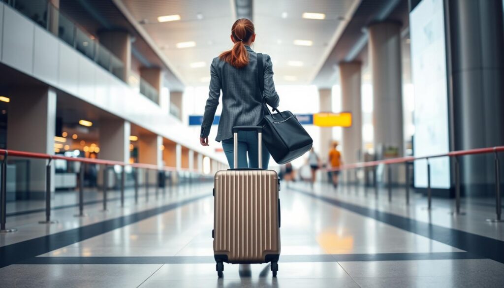 Călător cu bagaj cabin size modern în aeroport