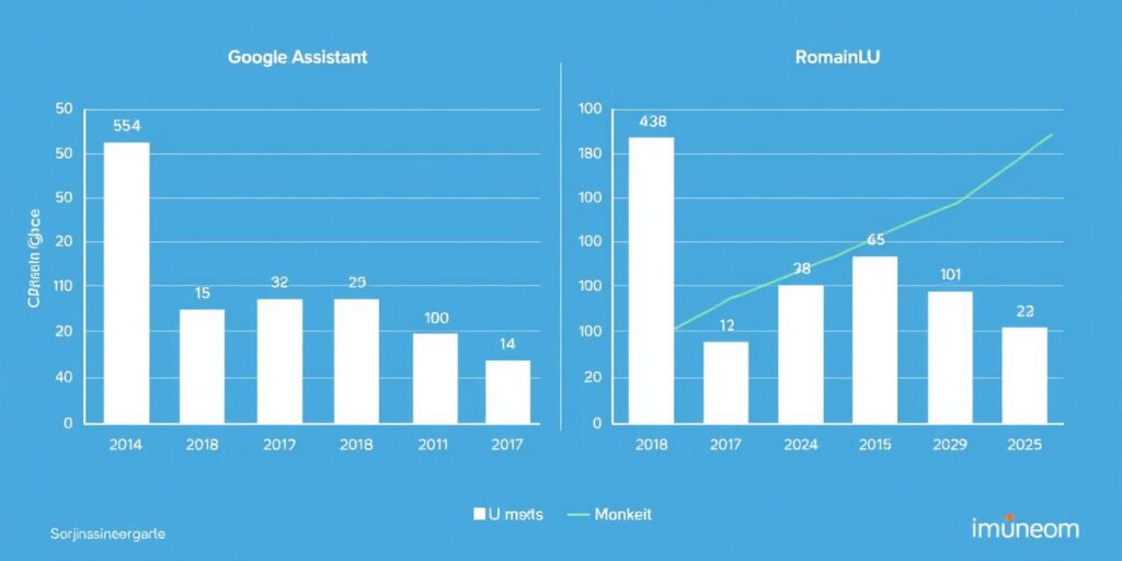Grafic comparativ al ratelor de adopție pentru asistenții ChatGPT-powered vs Siri/Google Assistant 2025 în UE și SUA