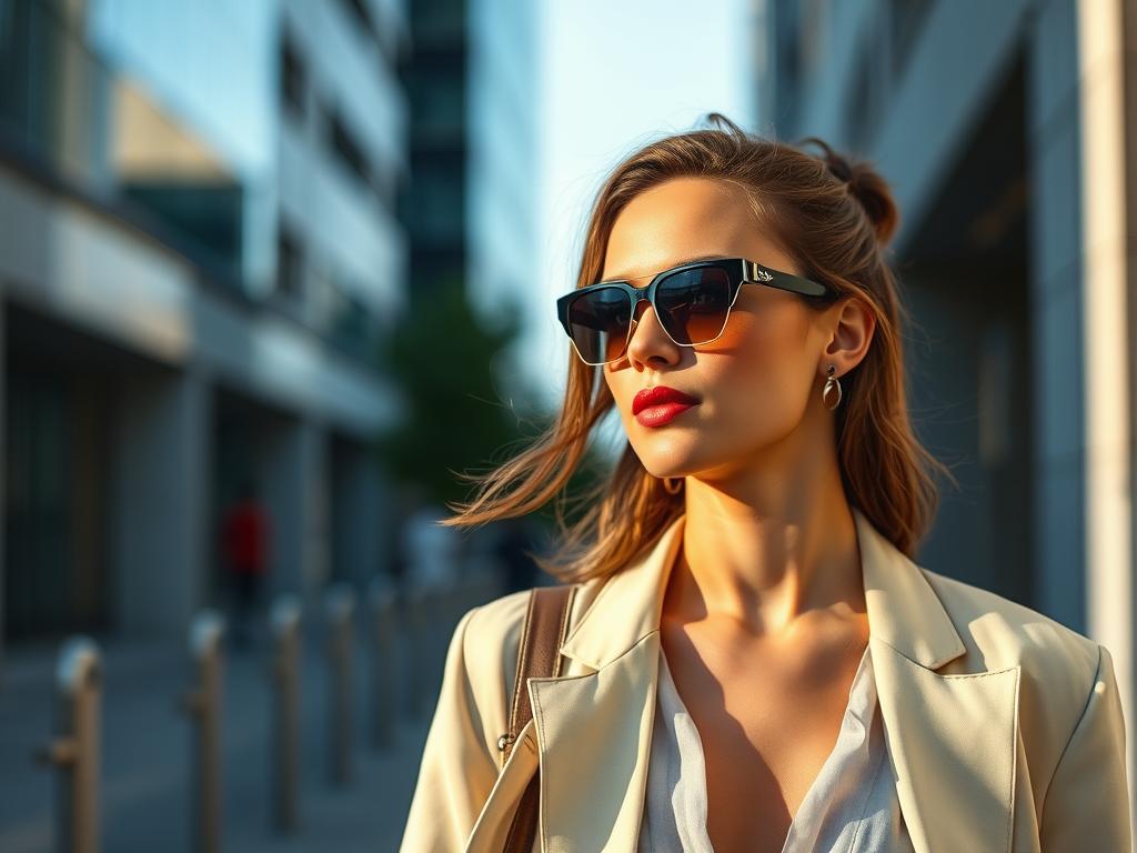 Persoană în mediu urban purtând ochelari de soare geometrici pentru vara 2025