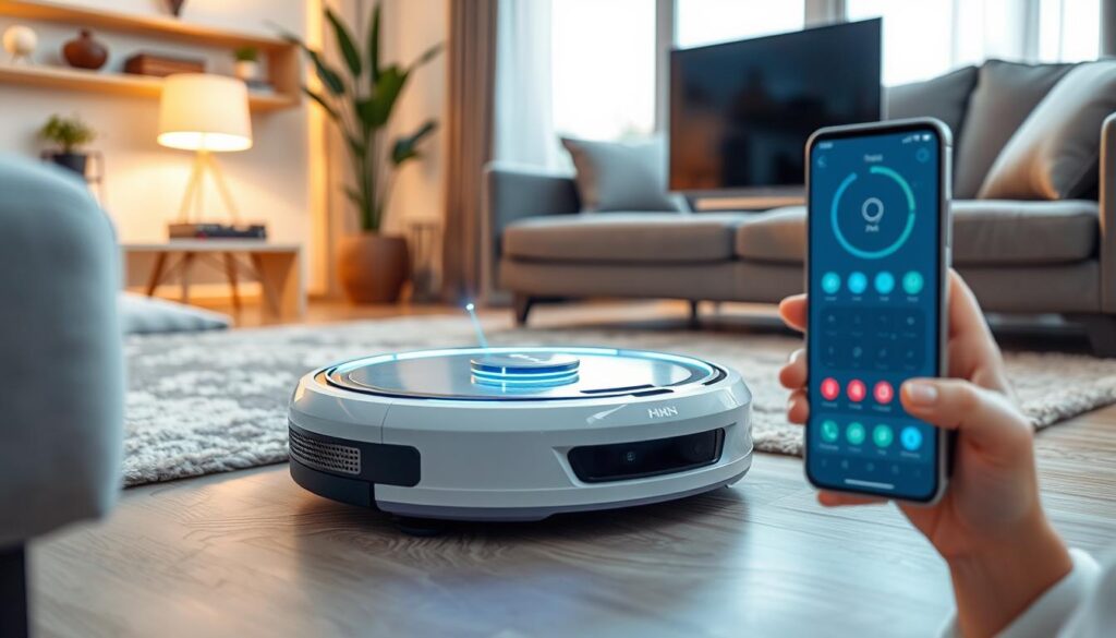 Aspirator robot modern din 2025 curățând o cameră de zi