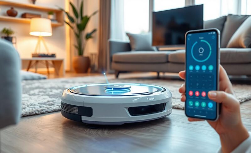 Aspirator robot modern din 2025 curățând o cameră de zi