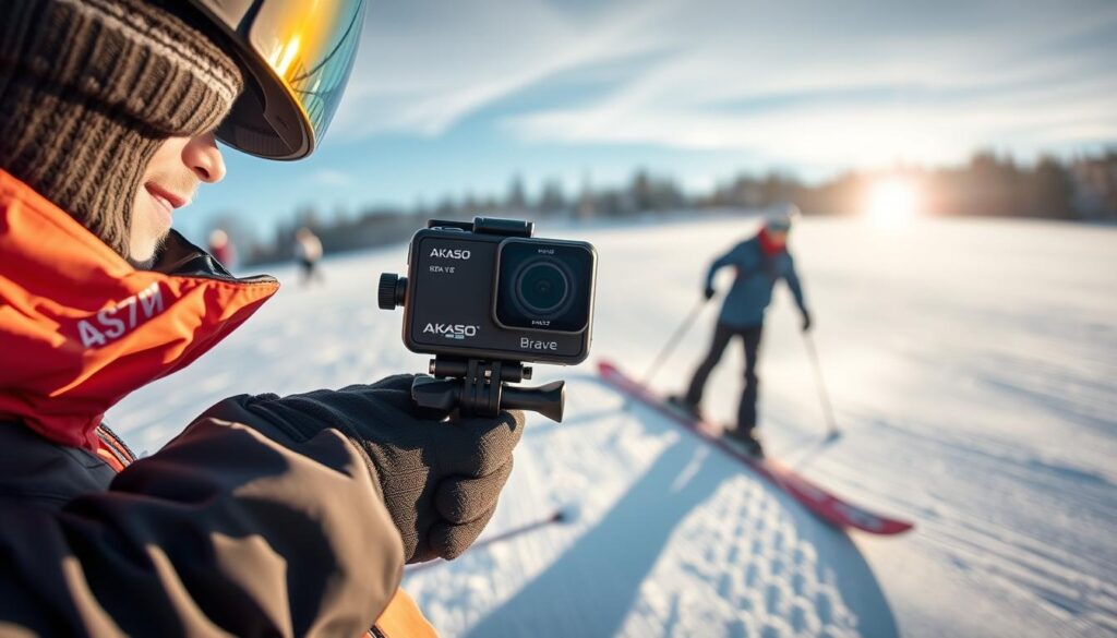 Akaso Brave 7 LE folosită de un începător la schi
