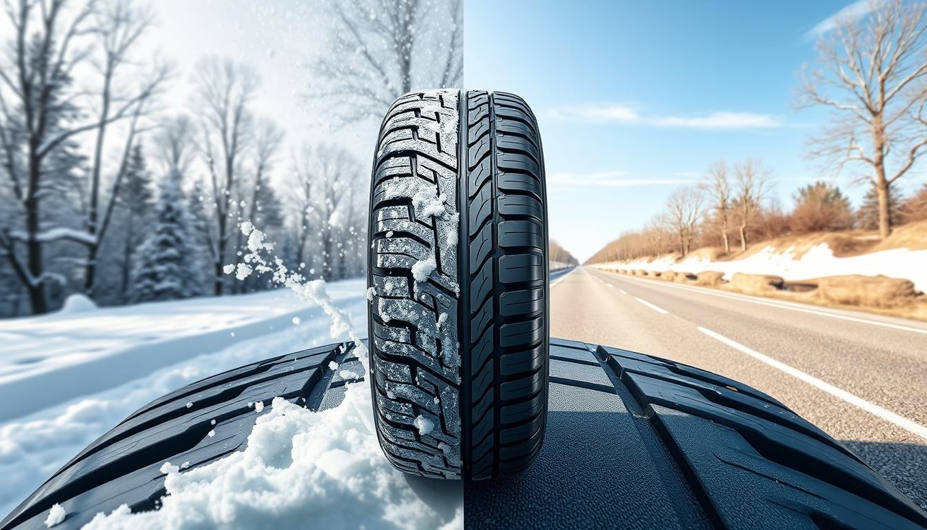Anvelopă all-season pe un drum cu condiții mixte de iarnă și vară