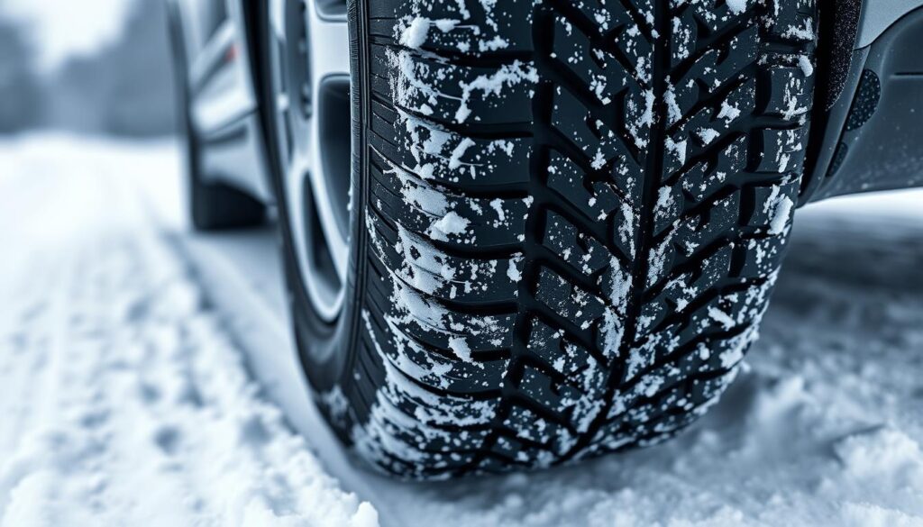 Anvelopă de iarnă 2025 pe drum acoperit cu zăpadă demonstrând aderența superioară