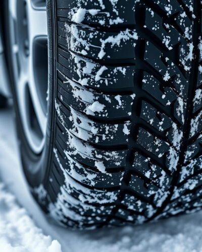 Anvelopă de iarnă 2025 pe drum acoperit cu zăpadă demonstrând aderența superioară