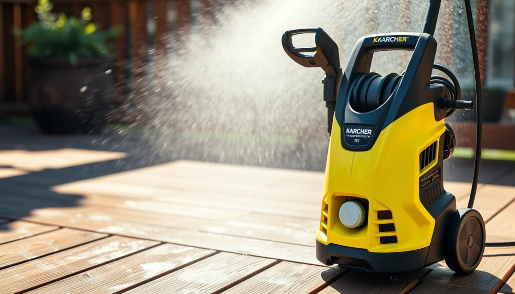 Aparat de spălat cu presiune Karcher curățând o terasă din lemn, demonstrând cel mai bun aparat de spălat cu presiune 2025