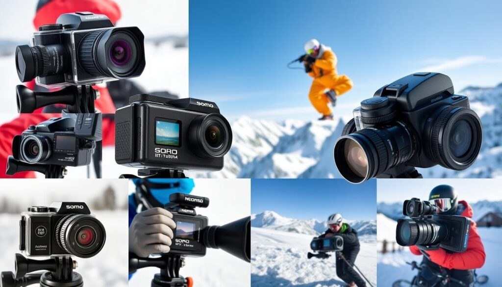Colaj cu diverse camere de acțiune pentru sporturi de iarnă în acțiune