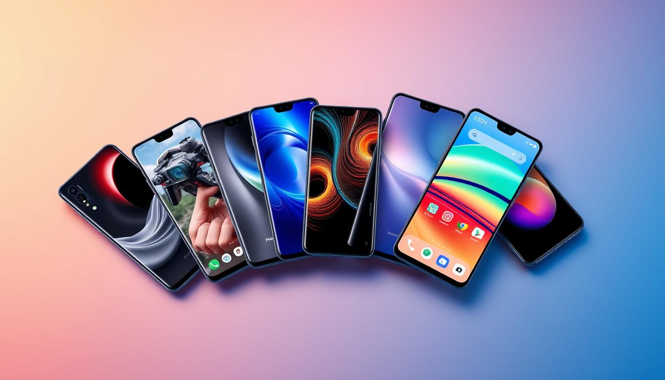 Colecție de telefoane Huawei 2025 aranjate artistic, reprezentând opțiunile pentru diferite tipuri de utilizatori