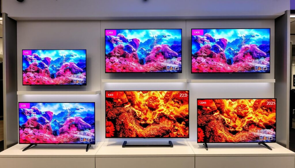 Colecție de televizoare smart LG 2025 aranjate într-un showroom modern