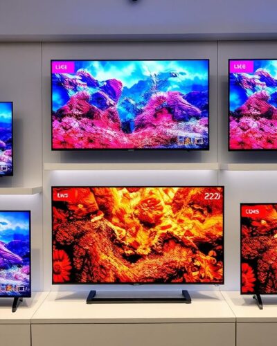 Colecție de televizoare smart LG 2025 aranjate într-un showroom modern
