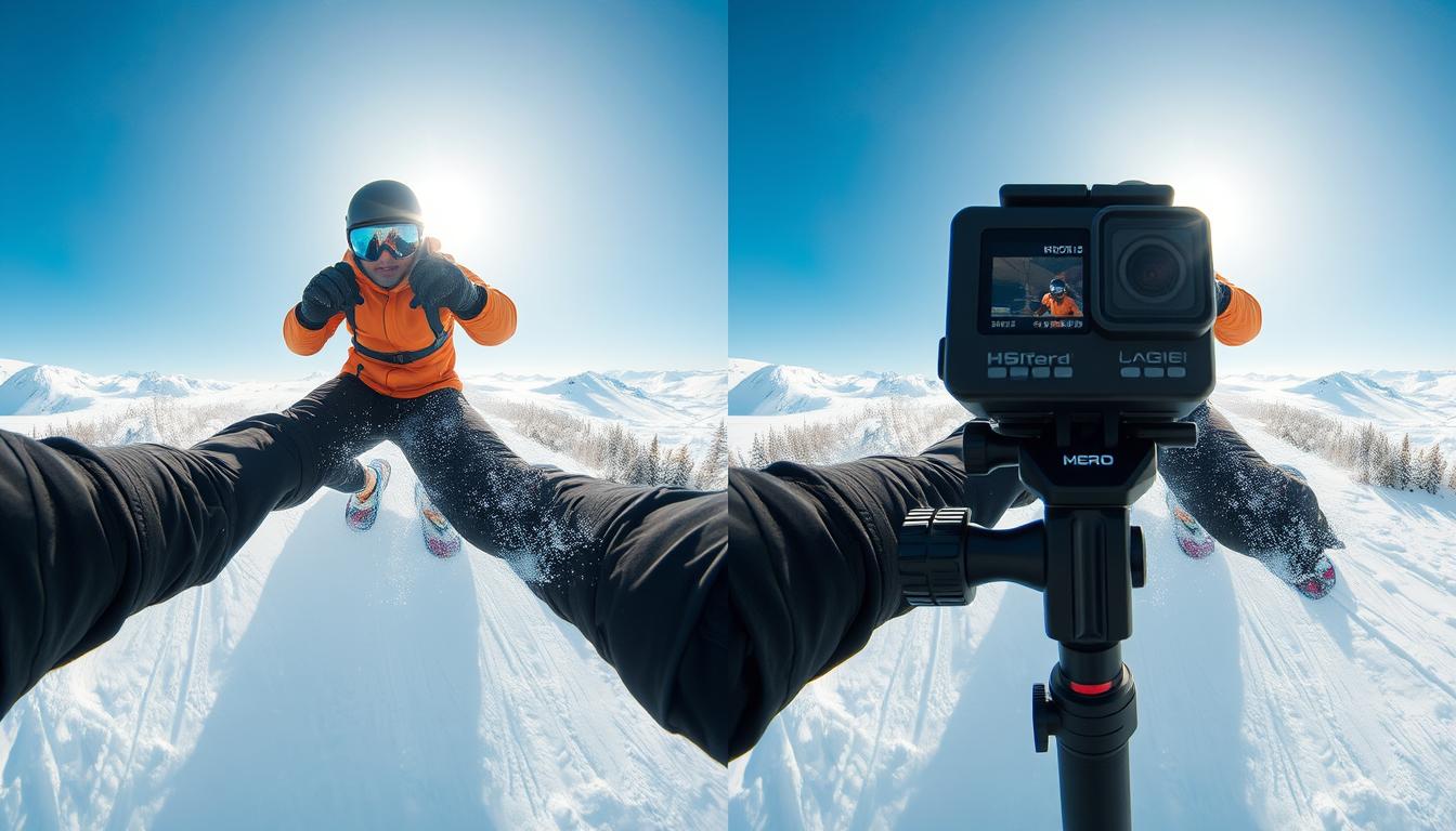 Comparație între imagini stabilizate și nestabilizate capturate cu camere de acțiune pentru sporturi de iarnă