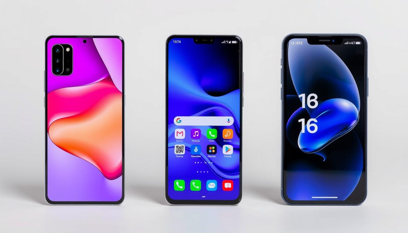 Comparație între un telefon Huawei, Samsung și Apple, evidențiind diferențele de design și interfață pentru cel mai bun telefon Huawei 2025