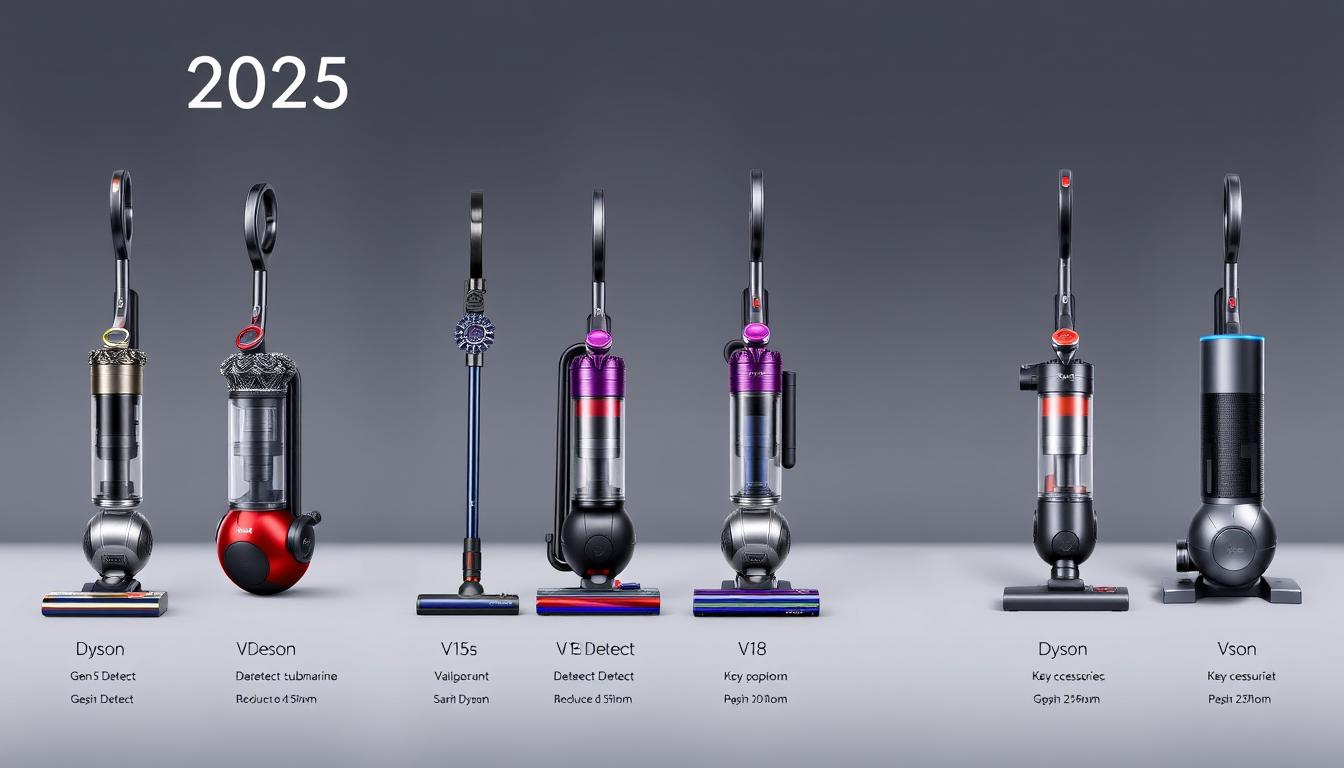 Comparație vizuală între diferitele modele de aspiratoare Dyson 2025 arătând diferențele de design și accesorii