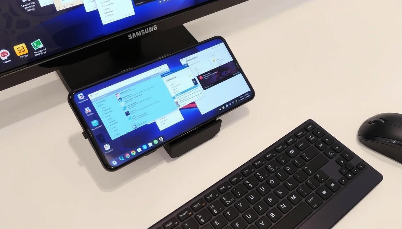 Demonstrație Samsung DeX pe Galaxy A85 conectat la monitor