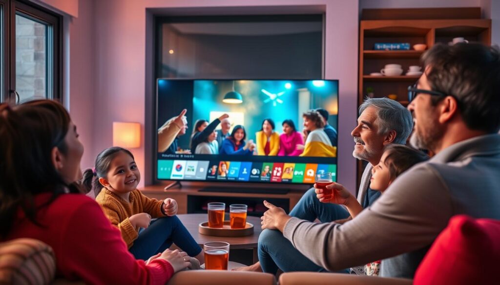 Familie bucurându-se de o experiență cinematică pe un televizor smart LG 2025 în living