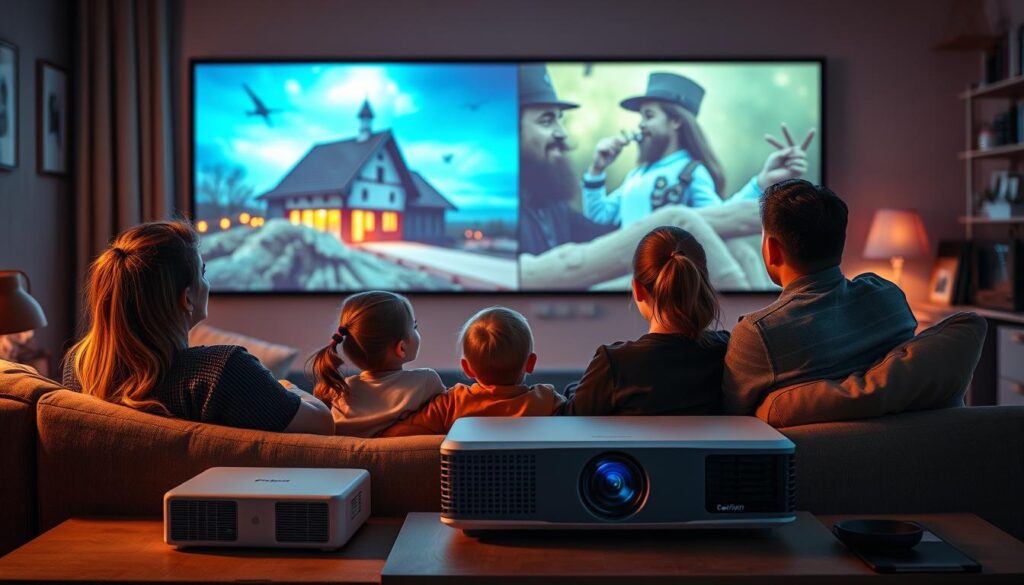 Familie bucurându-se de o seară de film cu un videoproiector modern în România