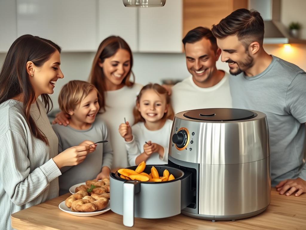 Familie folosind un air fryer premium