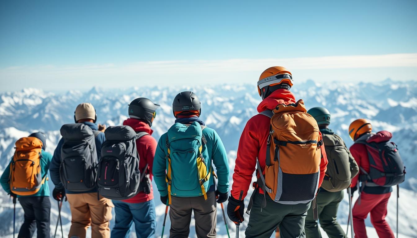 Grup de schiori cu rucsacuri moderne de schi pe un vârf montan