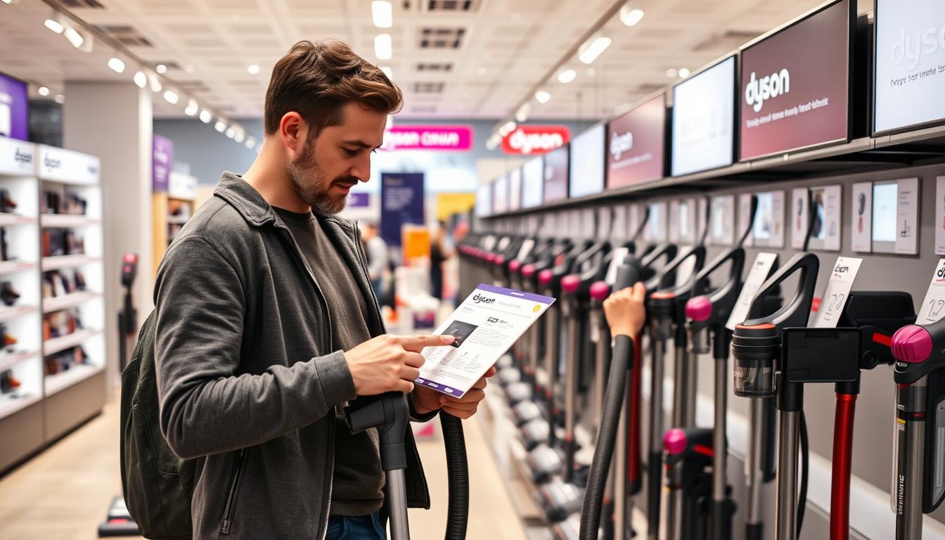 Persoană analizând diferite modele de aspiratoare Dyson într-un magazin, comparând specificațiile și funcțiile