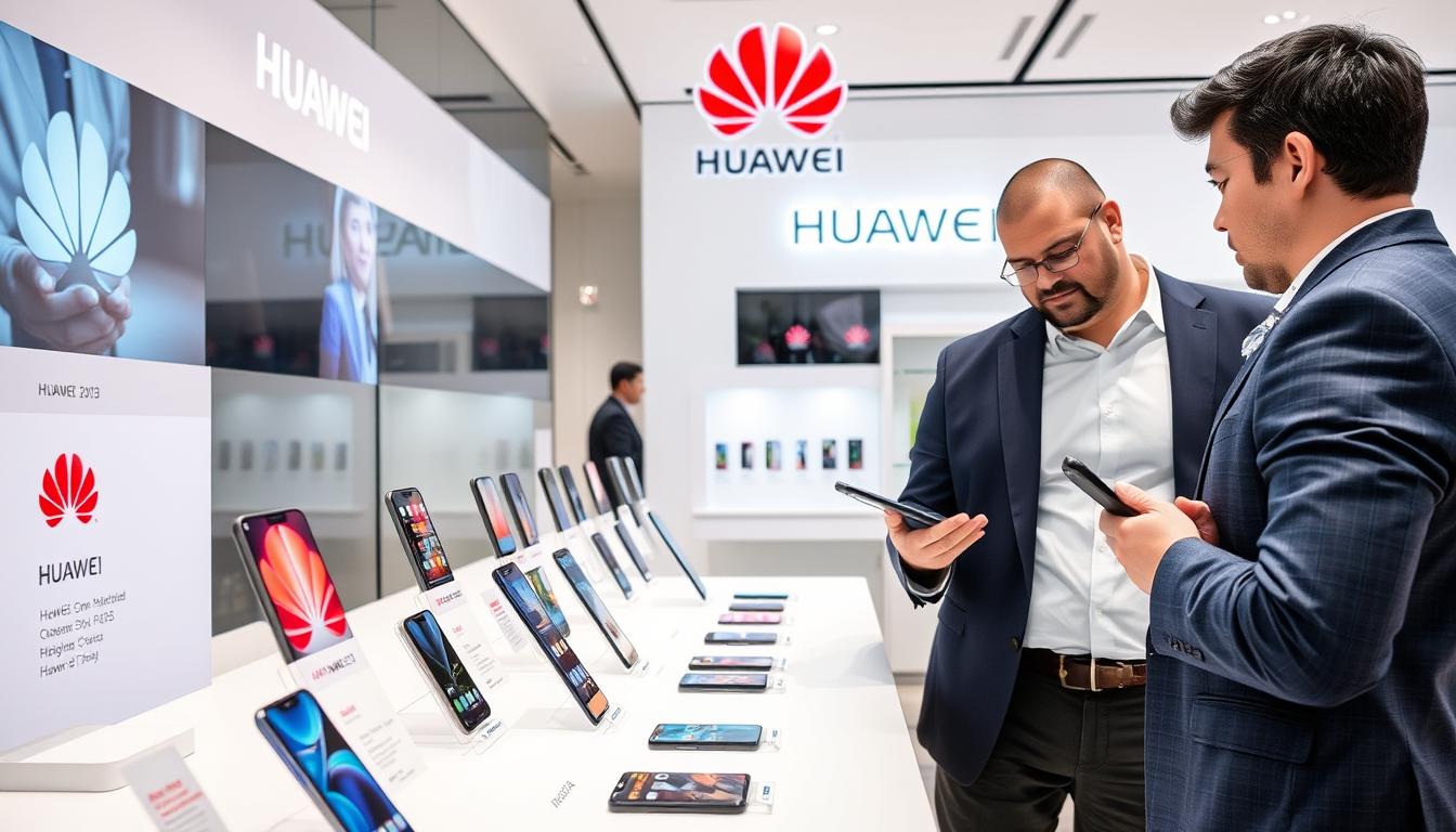 Persoană analizând specificațiile unui telefon Huawei într-un magazin, căutând cel mai bun telefon Huawei 2025