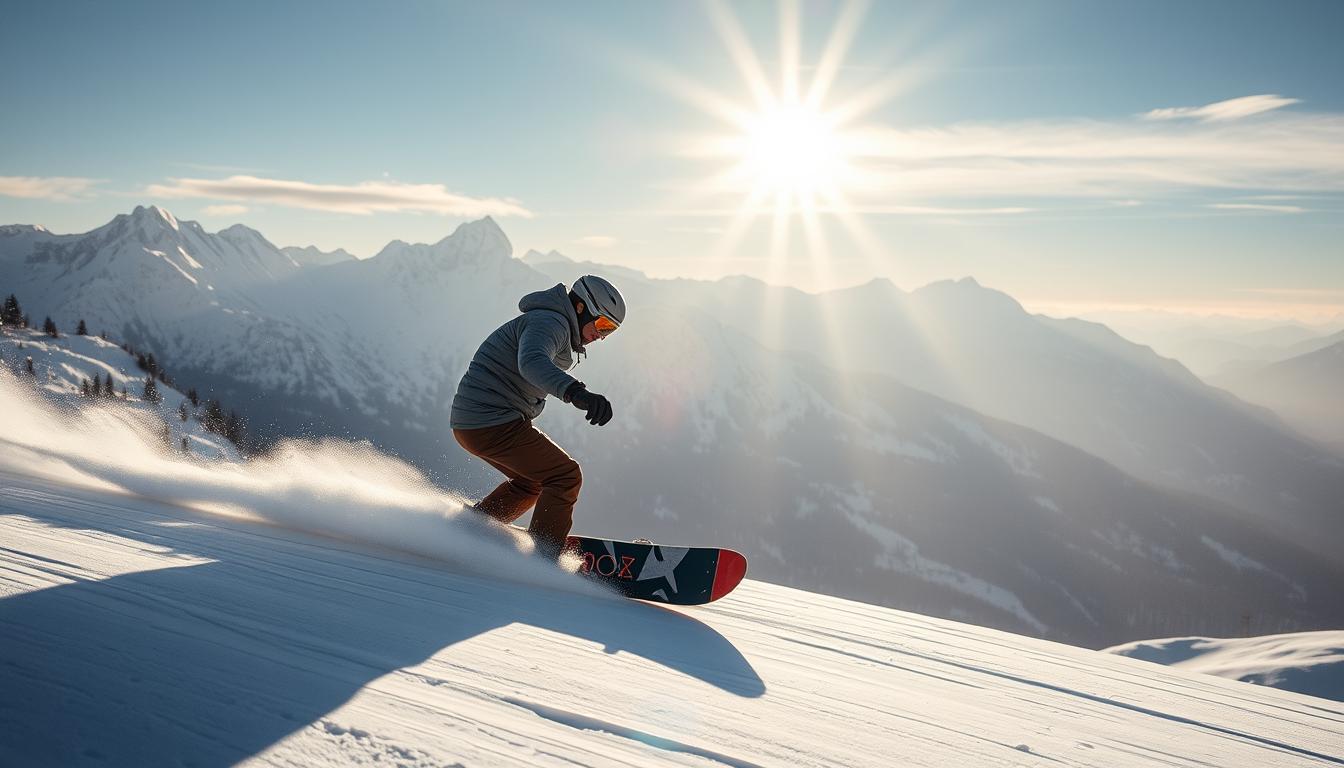 Rider bucurându-se de cel mai bun snowboard 2025 pe o pârtie perfectă