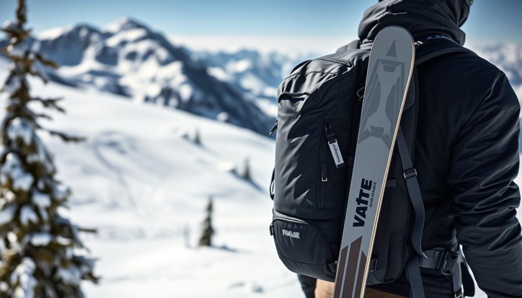 Rucsac de schi utilizat pe pârtie de un schior