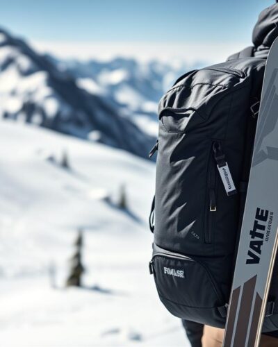 Rucsac de schi utilizat pe pârtie de un schior