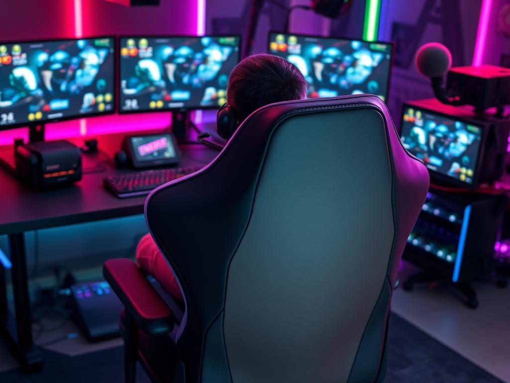 Scaun gaming premium folosit de un streamer profesionist în setup complet