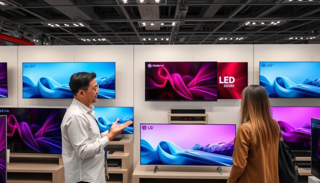 Showroom cu televizoare LG 2025 și un consultant explicând diferențele între modele unui client