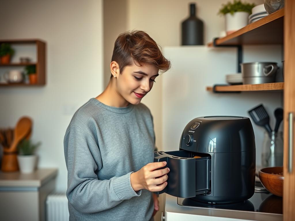 Student folosind un air fryer de buget în bucătărie mică