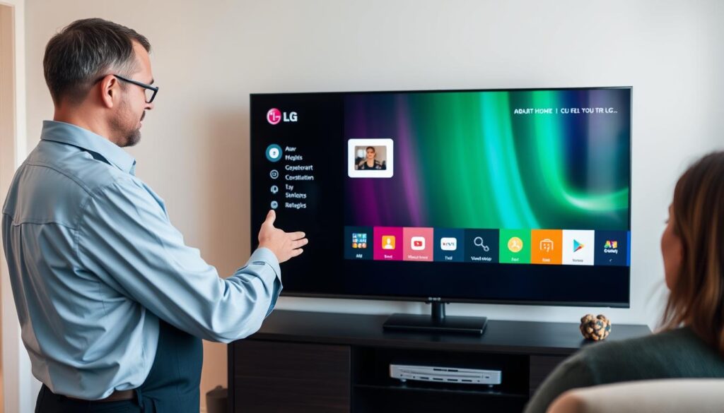 Tehnician LG demonstrând funcțiile avansate ale unui televizor smart LG 2025 unui client